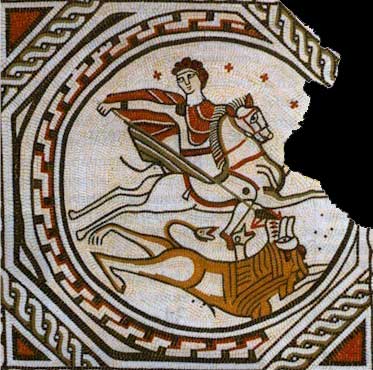 Bellerophon kills the Chimaera. Fragment of a mosaic from Croughton, Northamptonshire (painting by David S. Neal).